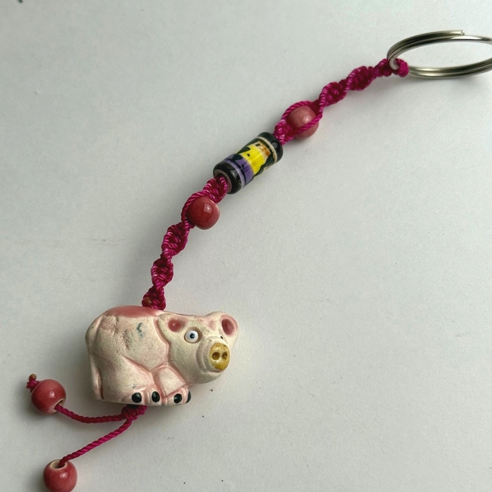 Cute Pig Charm Keychain With Beads Handmade Pink